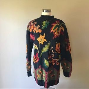 Vintage 80s Black Tunic Sweater Fall Leaves